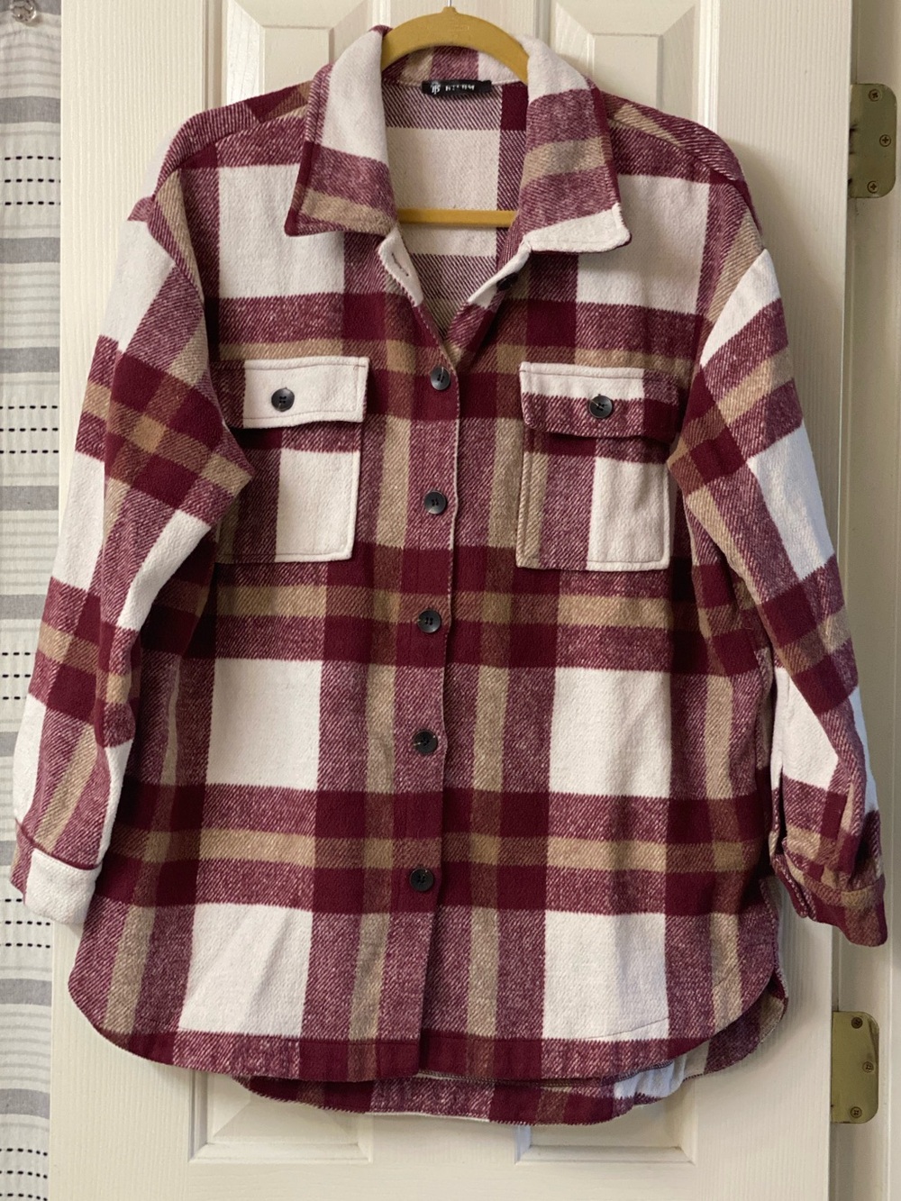 BTFBM Plaid Flannel Button-Down Shacket in Burgundy and Cream Size L